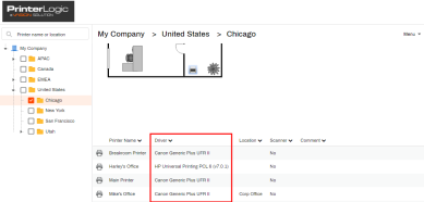 Self-service Portal with a folder selected so the drivers are printers are displayed in the bottom center of the image, and the driver column in the middle is highlighted with a box. 